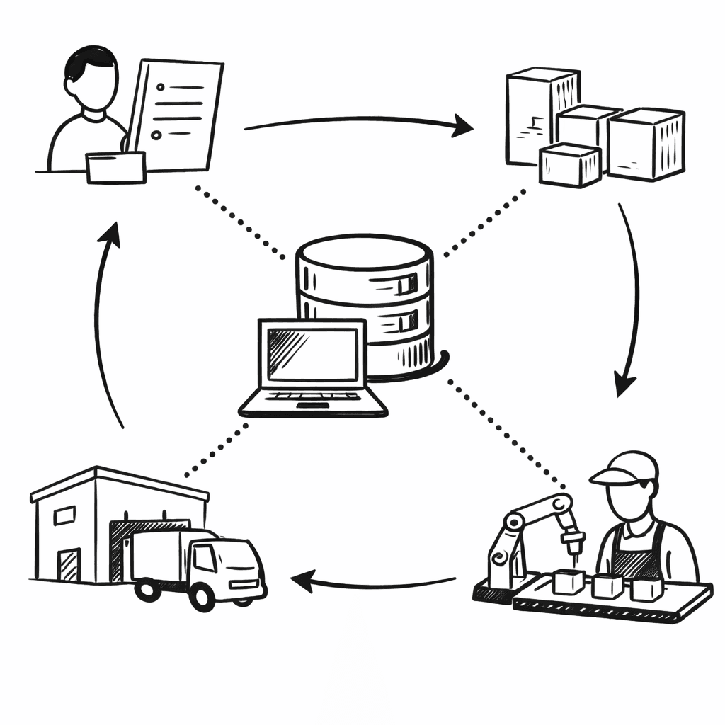 ERPを中心に販売・購買・在庫・生産が循環する業務フローを描いた手書き風イラスト