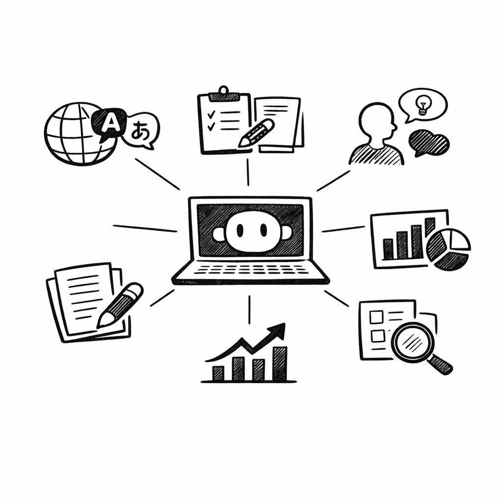 AIを搭載したラップトップを中心に、翻訳・要約・分析など多様な用途が広がる様子の手書き風イラスト