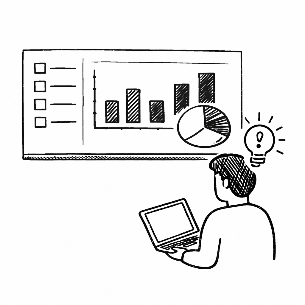 ダッシュボードの棒グラフと円グラフを見ながら気づきを得る人物の手書き風イラスト