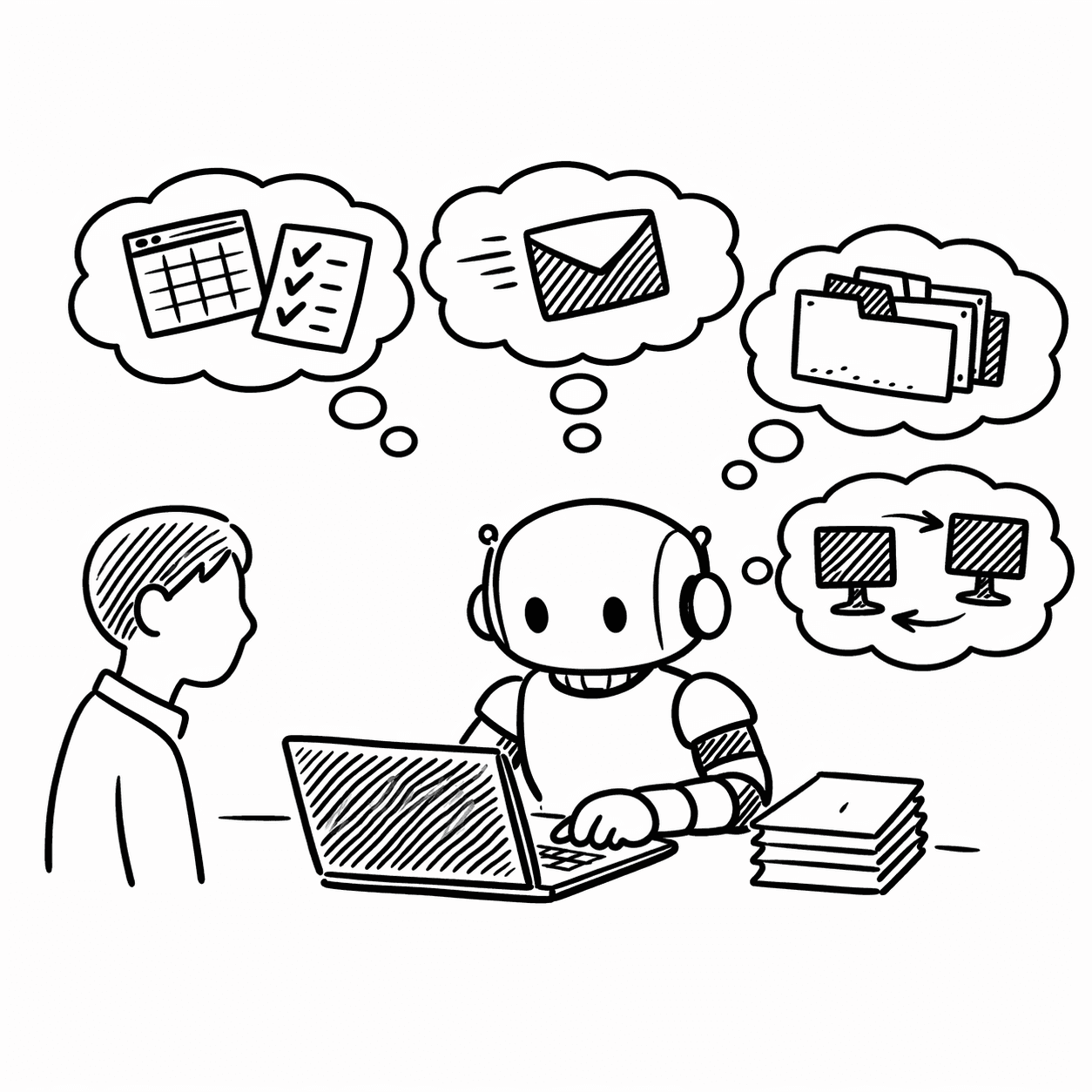 ロボットがPCで定型業務を処理し、人はより本質的な業務に向かう様子の手書き風イラスト